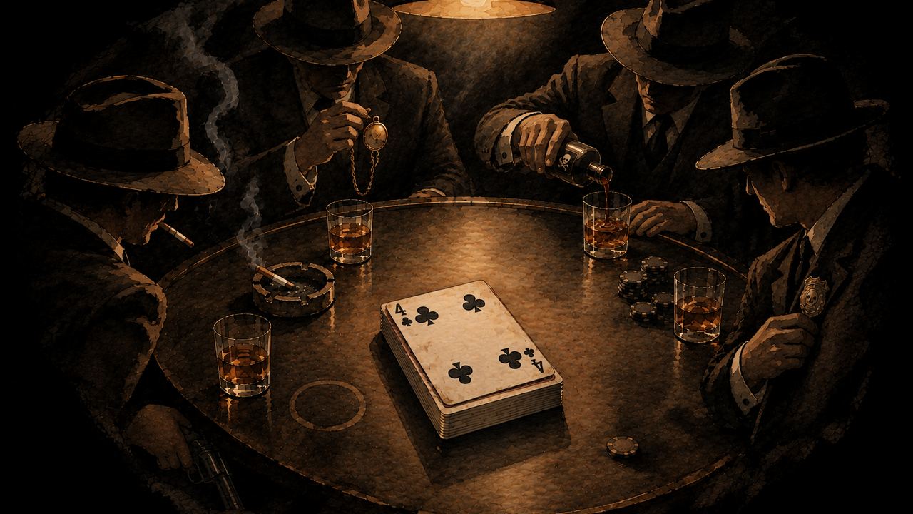 Four men in hats around a card table under a single lamp; on top of the deck, the four of clubs.